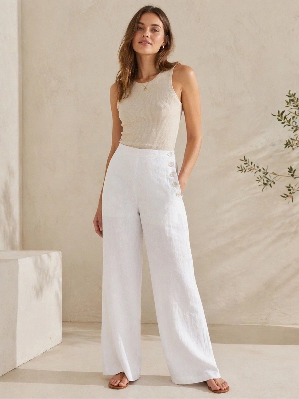 Talbots White Wide-Leg 100% Linen Pants with Side Buttons